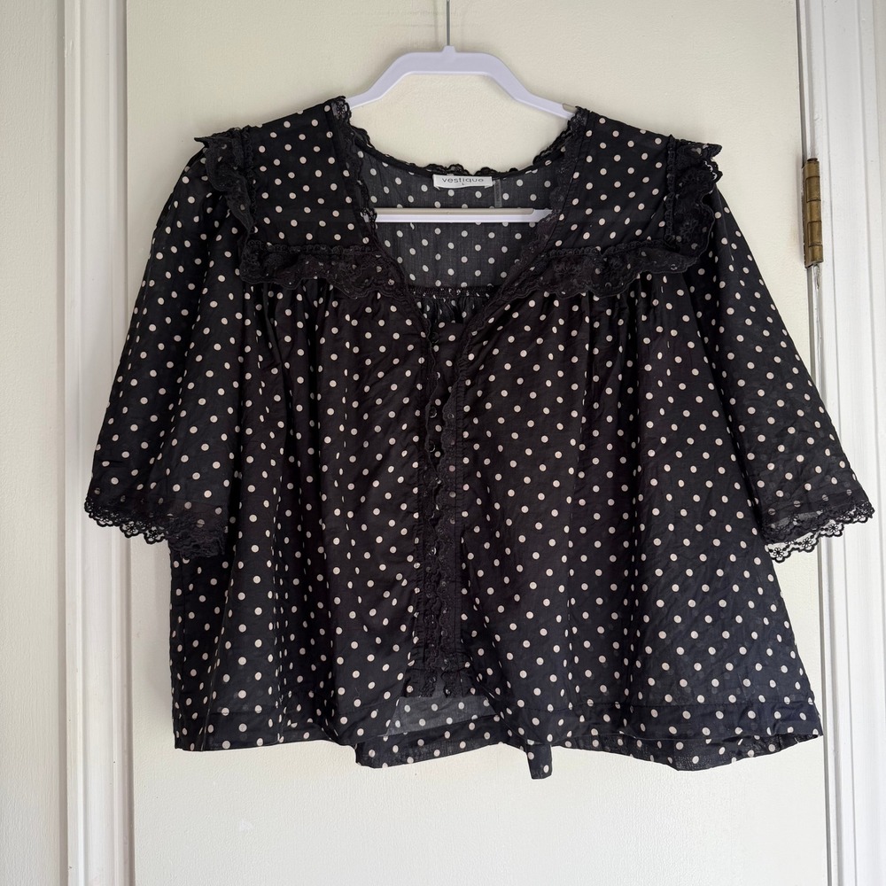 Vestique Womens Black Polka Dot Lace Trim Cotton Babydoll Blouse Top Large
